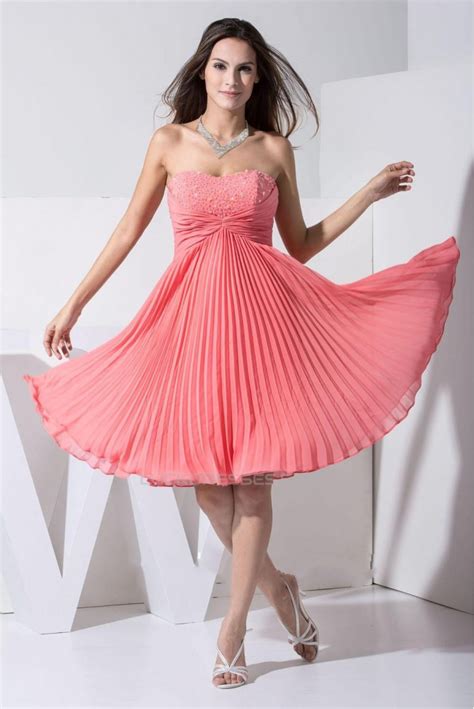 A Line Strapless Beaded Pleated Short Chiffon Prom Evening Formal