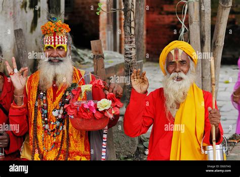 Holy Men Sadhus With Painted Faces And Long Beards Durbar Square