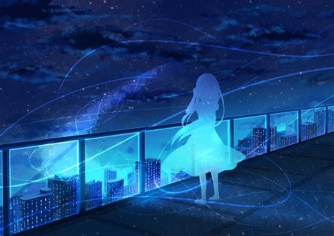 Wallpaper Anime Girl Silhouette Stars Night Rooftop