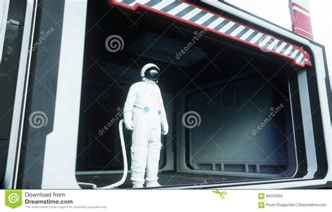 Alone Astronaut Looks At The Planet Earth In Futuristic Interior The