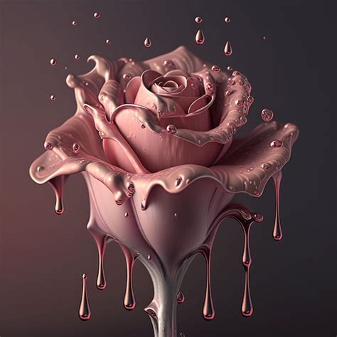 液体が滴り落ちるピンクのバラと愛という言葉 プレミアム写真