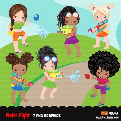 Water Gun Fight Clipart Girls Black Girls Outdoors Water Etsy