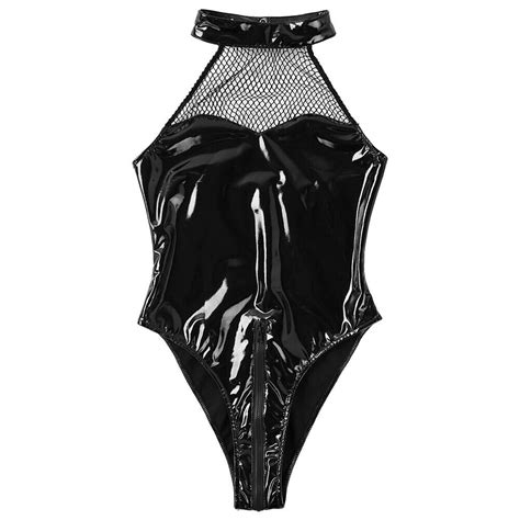 Women Sexy Pvc Bodysuit Mesh Wet Look Faux Leather Lingerie Leotard Outfit Set Ebay