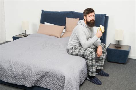 Calorie Snack Man Bearded Hipster Sleepy Face Pajamas Waking Up Bedroom Interior Healthy