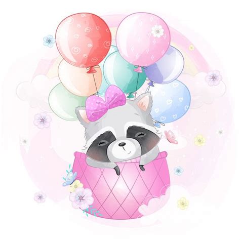 Cute Raccoon Flying With Air Balloon Baby Animal Drawings Cute