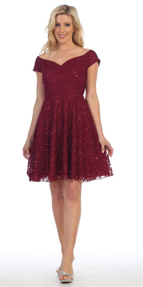 Celavie 6296 Off Shoulder Short Sleeves Lace Cocktail Dress Burgundy Discountdressshop