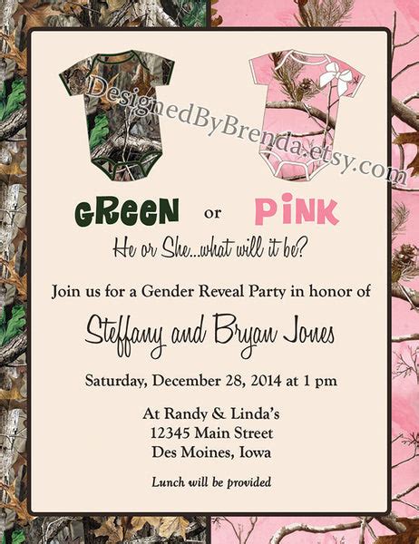 Camo Baby Gender Reveal Party Invitation Green Or Pink Designed By Brenda