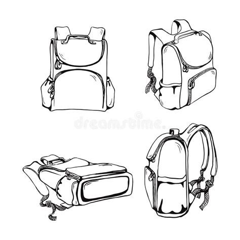 School Bag Set Different Views Outline Vector Sketches Isolated Stock