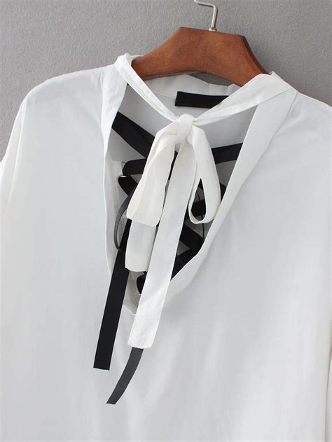 white tie neck curved hem blouse shein sheinside