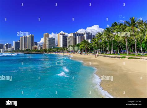 Honolulu Hawaii Waikiki Beach And Honolulus Skyline Stock Photo Alamy