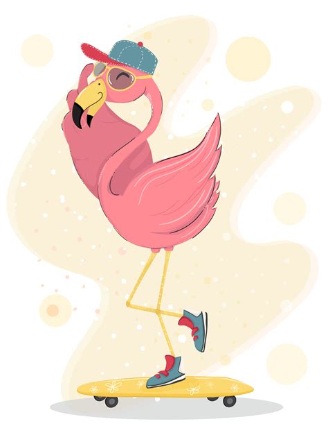 Cute Happy Pink Flamingo Wear Cap And Sun Glasses Skateboarding