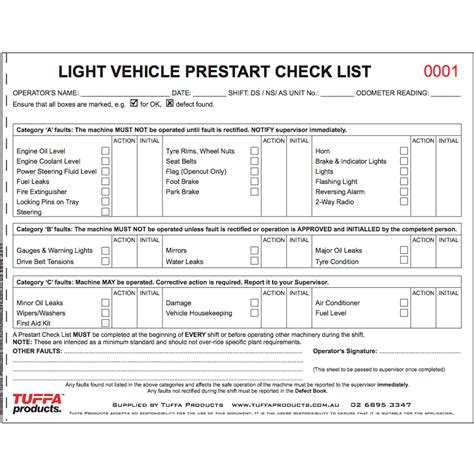 Light Vehicle Pre Start Checklist Book Printable Templates