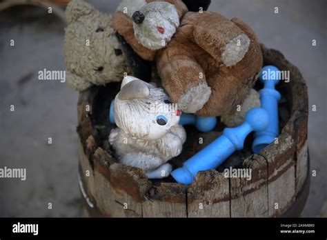 Old Dirty Abandoned Plush Toys Like Teddy Bears Blue Pieces Of Bowling