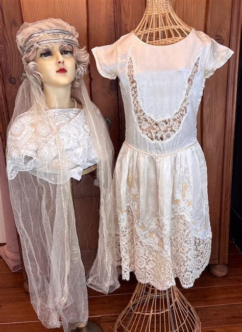 Antique 1920s Wedding Dress And Veil Flapper Bridal Dr Gem