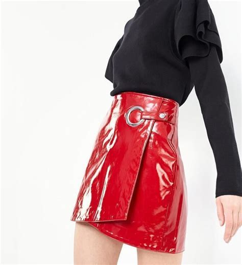 Womens Red Patent Leather Asymmetrical Hem Above Knee Skirts Casual