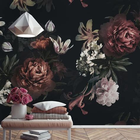 Realistic Dark Peony Floral Bouquet Wallpaper Mural Wallmur