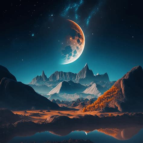 Premium Photo Landscape With Mountains Moon And Stars