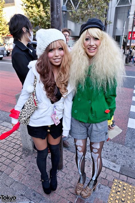 Shibuya Girls W Two Tone And Blonde Hairstyles Hats And Skeleton Tights Tokyo Fashion