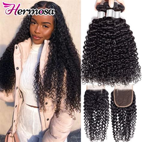 Hermosa Brazilian Kinky Curly Hair With Closure Human Hair 3 Bundles