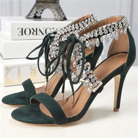 sexy women bling bling crystal tassel embellished sandals stiletto heels rhinestone lace up