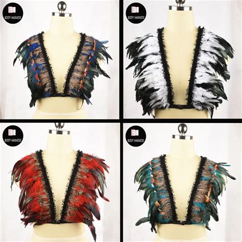 Gypsy Various Colors Feather Body Harness Harajuku Gothic Sexy Lingerie Cage Bra Feather Wings