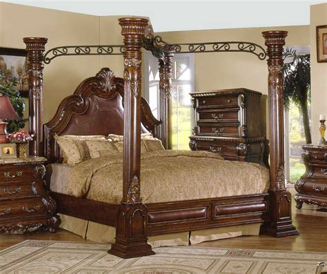 Traditional Luxury King Leather Poster Canopy Bed And Chest Cherry 2pc