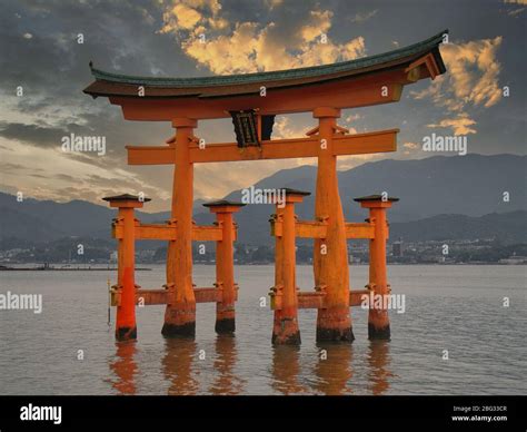 The Floating Torii Gate At Unesco World Heritage Itsukushima Shrine On