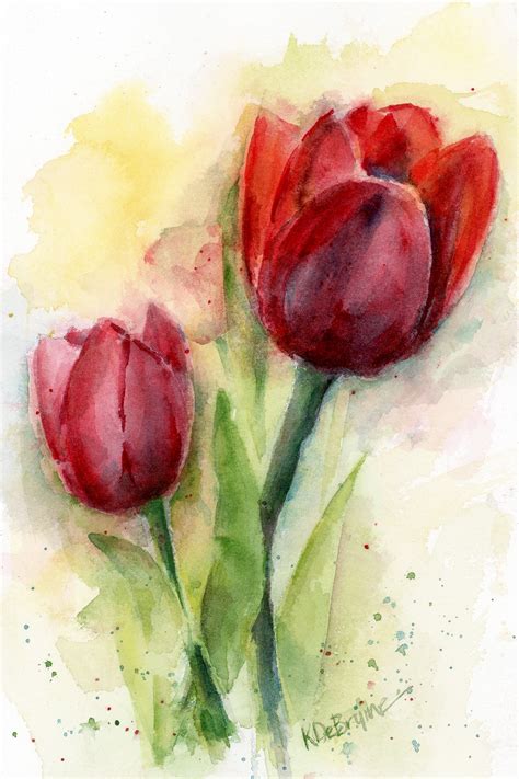 Two Red Tulips Watercolor Painting And Prints By Kris Debruine
