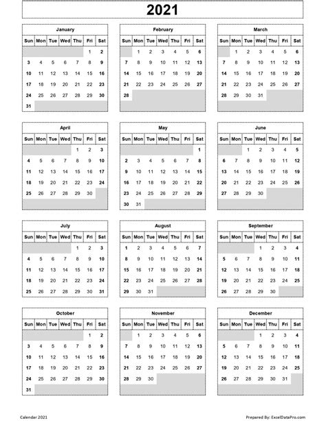 Download 2021 Yearly Calendar Sun Start Excel Template For 2021