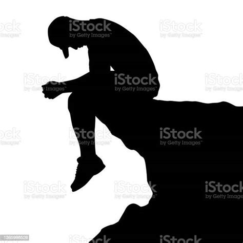 Lonely Man Is Sitting On The Cliff Silhouette Vector Stock Illustration