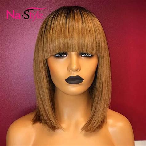 Human Hair Wigs With Bangs Ombre Honey Blonde Lace Front Wigs B