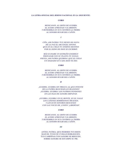 La Letra Oficial Del Himno Nacional Es La Siguiente