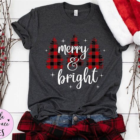 Merry And Bright Shirt Plaid Christmas Trees Shirt Merry Etsy Cute