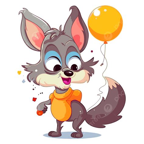 Funny Animal Clipart Cartoon Character Grey Fox With Balloon Vector