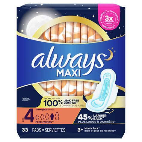 Always Maxi Overnight Pads with Wings Unscented, Size 4, 33 Count - Walmart.com - Walmart.com