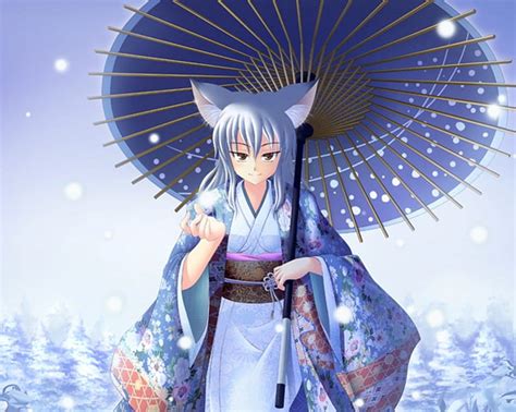 Winter Fox Nekomimi Female Kitsune Neko Ears Umbrella Kimono