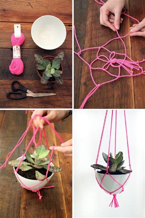Three Pictures Showing How To Make A Hanging Planter With Yarn And