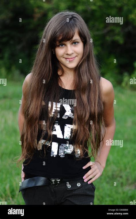Girl Teen Teenager Transition Age 13 14 15 Years Brunette Hair Long Dark Nature Park Open Air