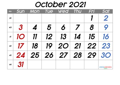 October 2021 Printable Calendar With Week Numbers Free Premium