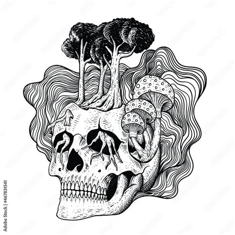 Tattoo Design Hand Drawn Skull With Mushroom Line Art Black And White