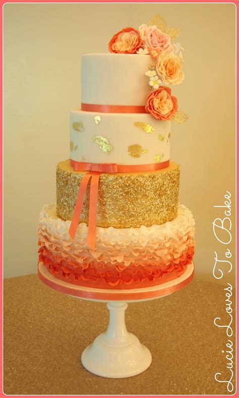 A Stunning Coral And Gold Wedding Cake With A Sequin Gold
