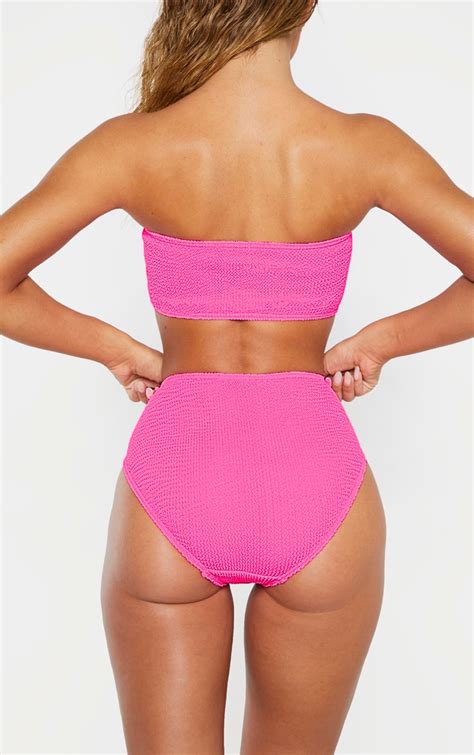 Neon Pink Crinkle High Waist Bikini Bottom Prettylittlething