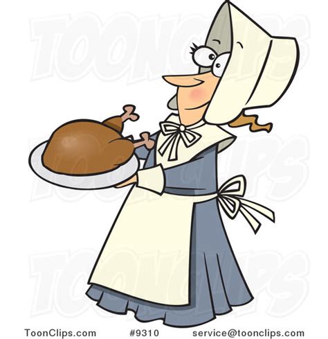 cartoon lady pilgrim serving a turkey 9310 by ron leishman