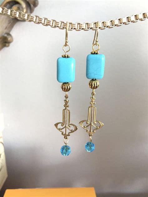 Turquoise Art Nouveau Earrings Gold K Ooak Turquoise Gemstone