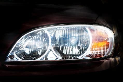 Car Headlight Head Light Close Up Front View Illuminated Stock Photo