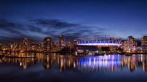 Vancouver Kanada Stadt Nacht Lichter Wolkenkratzer Bucht