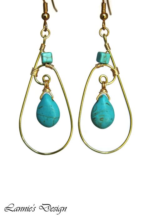 Turquoise Teardrop Dangling Earrings Wire Wrapped Boho Chic Etsy