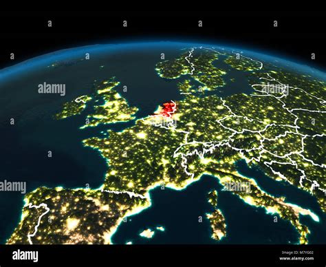 Space Orbit View Of Netherlands Highlighted In Red On Planet Earth At