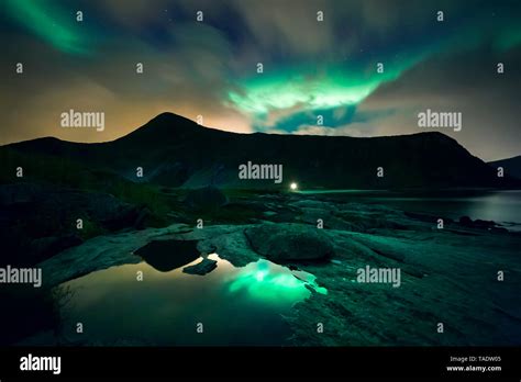 Norway Lofoten Islands Haukland Beach Northern Lights Stock Photo