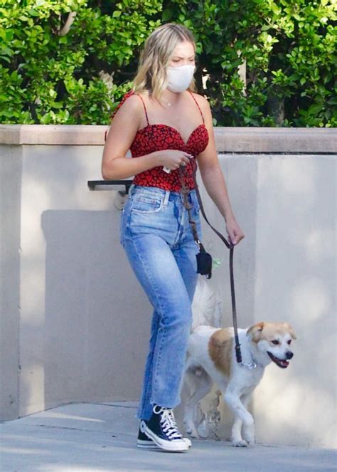 Olivia Holt In A Red Top Walks Her Dog In Studio City 08142020